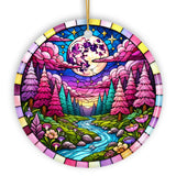 Enchanted Forest Glow Pink Themed Ornament, Mystical Moonlit Landscape Gift and Decor