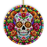 Floral Celebration Sugar Skull Stained Glass Style Ornament, Lush Blossom Christmas Gift and Decor