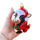 Festive Cow in Wreath Blown Glass Christmas Ornament, Farmhouse Theme Tree Decoration