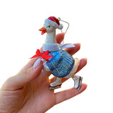 Playful Goose in Skates Glass Christmas Ornament, Whimsical Cute Duck Tree Decor