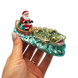 Santa's Fishing Adventure Glass Christmas Ornament, Holiday Angler Fish in Sleigh