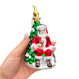 Santa with Woodland Animals Glass Christmas Ornament, Handblown Tree Decor