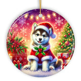 Merry Holly Berry Siberian Husky Ornament, Whimsical Christmas Tree Decor