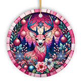 Mystical Yuletide Deer Pink Themed Ornament, Elegant Christmas Tree Decor