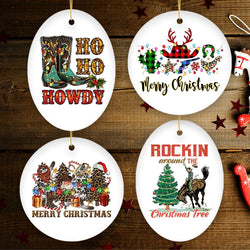 Festive Western Cowboy Christmas Ornament Bundle with Plaid Boots, Guns, and Cactus